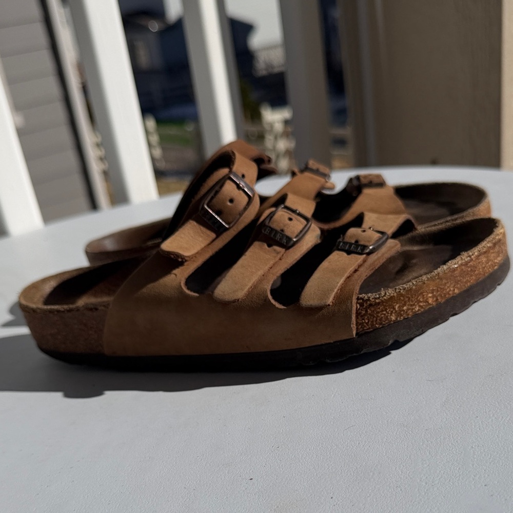Birkenstock Three-Strap Suede Sandals in Chestnut Brown
